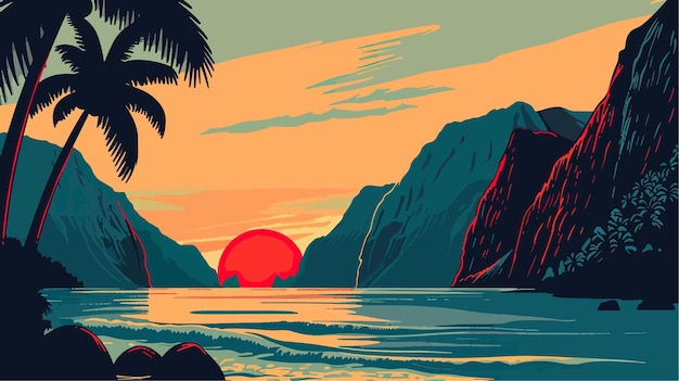 Тропический пляж с пальмами и векторной иллюстрацией заката