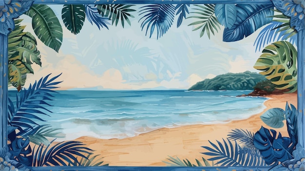 Vector tropical beach with palm trees and sunset vector illustration