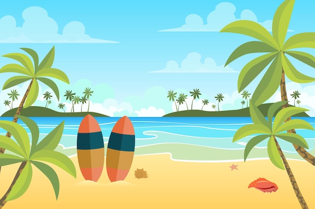 Tropical beach with surfboards landscape in flat style