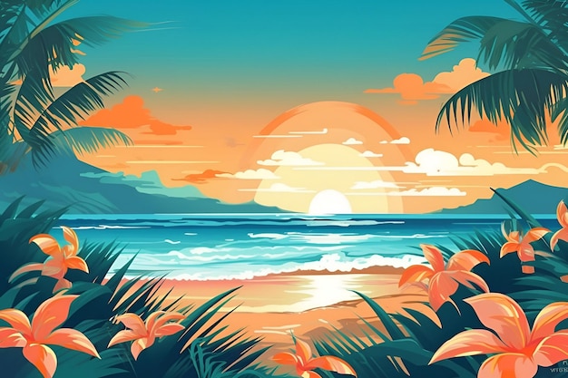 Vector tropical beach with a tropical landscape.