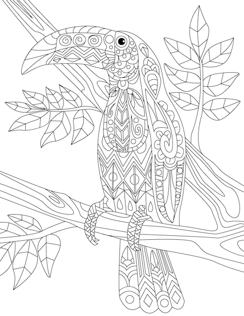 Тропические птицы каракулей на деревьях рука рисунок пеликан линии изображения фламинго дерево иллюстрация дикая