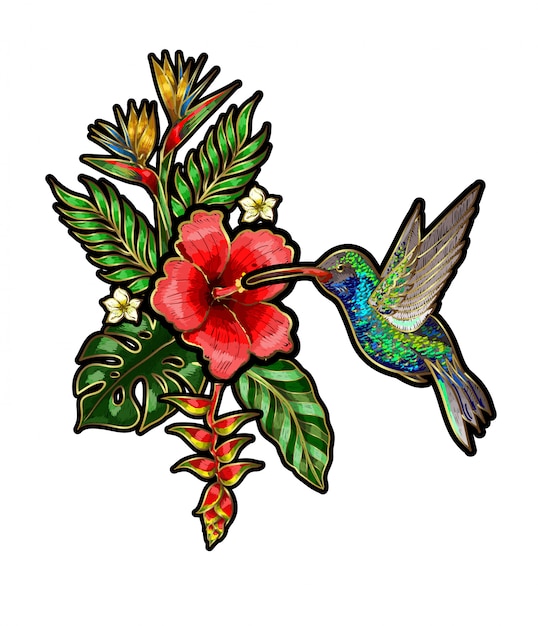 花と葉のある熱帯の鳥の刺繍パッチ。ハチドリの刺繍。