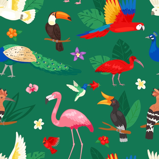 Uccelli tropicali esotici pappagallo o fenicottero e pavone con foglie di palma illustrazione set di moda birdie ibis o bucero in fioritura tropici sfondo