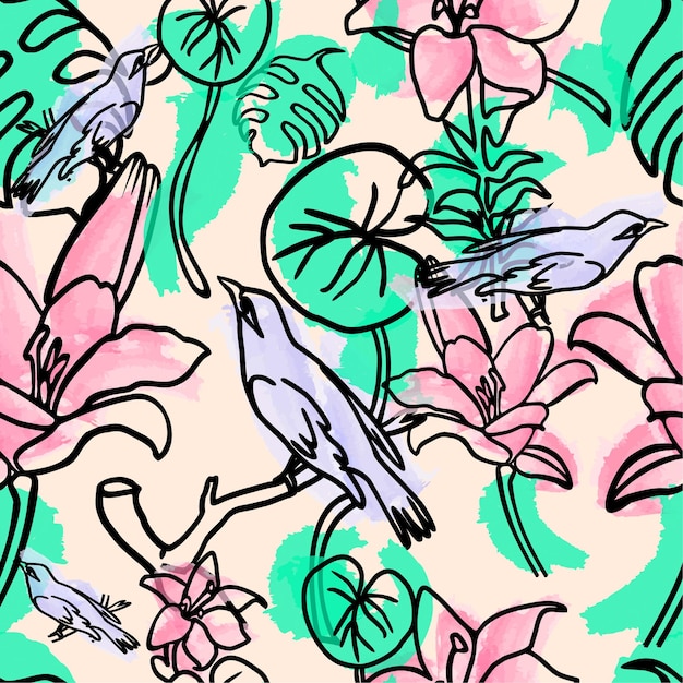 Tropical Birds and Flowers Watercolor Background Pattern Seamless