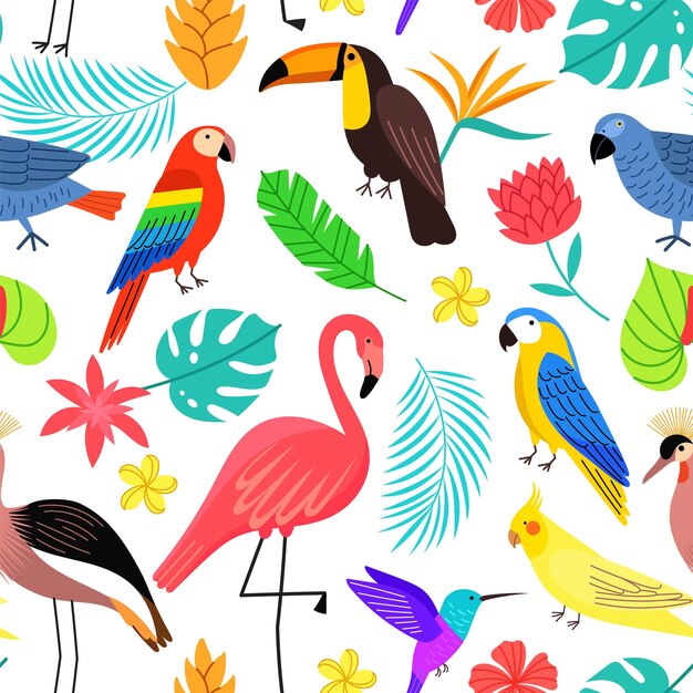 열 대 조류 원활한 패턴 이국적인 야생 동물 다채로운 밝은 앵무새 플라밍고 큰부리새와 벌 새 꽃 잎 벡터 배경