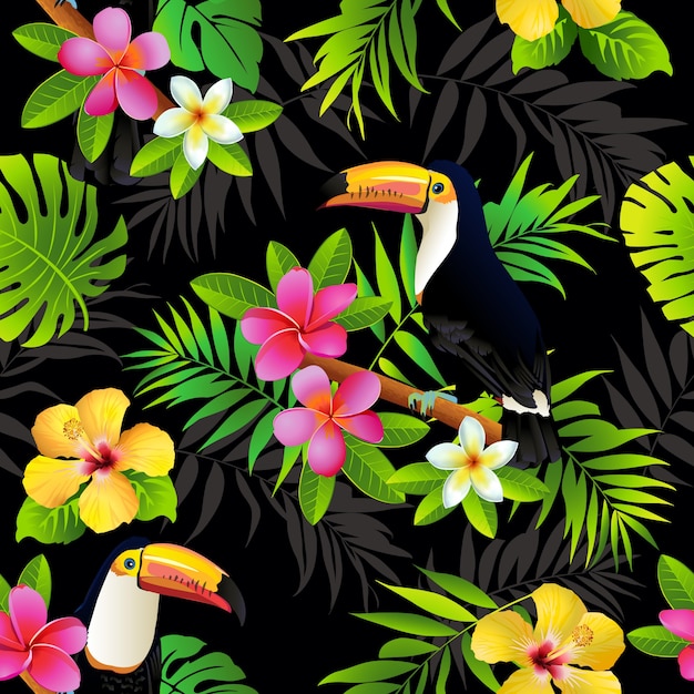 Tropical birds toucans and palm leaves seamless background.