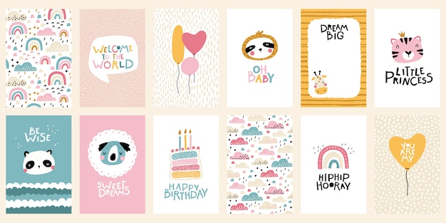 Vector tropical birthday card collection. cute face of an animal with lettering. childish print for nursery in a scandinavian style. vector cartoon illustration in pastel colors