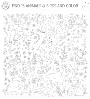 Premium Vector | Tropical black and white searching game for children with  cute funny characters. find hidden animals and birds in the jungle and  color. fun coloring page for kids
