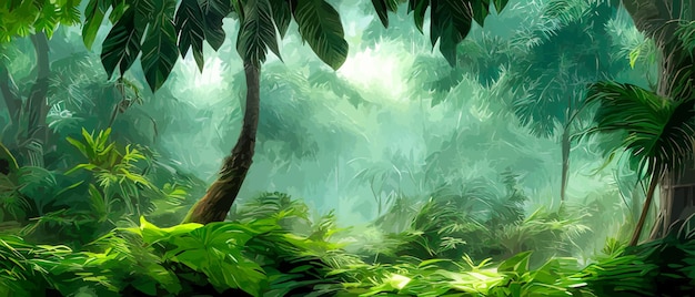 Tropical botanical illustration palm tree vegetable flower border background exotic green jungle