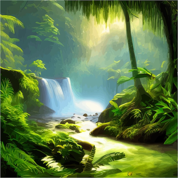 Vettore illustrazione vettoriale di paesaggio botanico tropicale con cascate e palme sfondo floreale