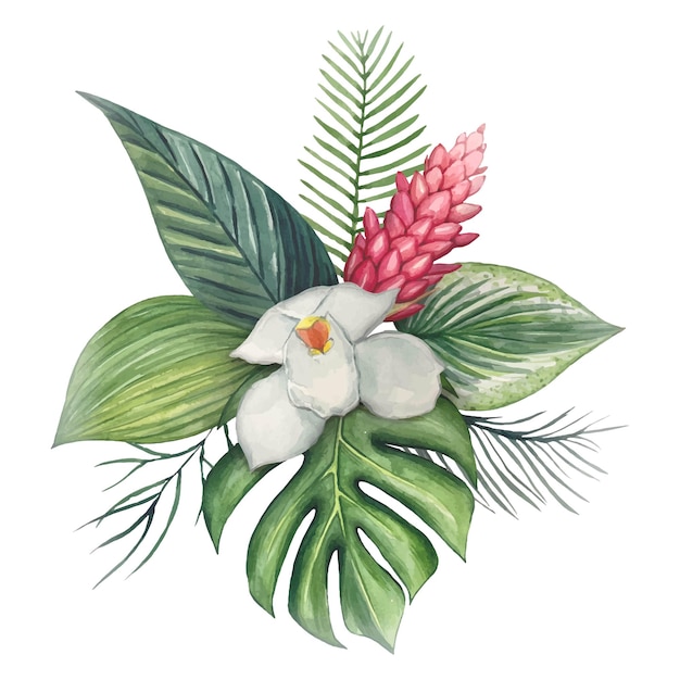 Tropical bouquet Composition with green tropical leaves and flowers watercolor