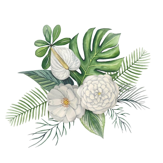 Tropical bouquet Composition with green tropical leaves and white flowers watercolor