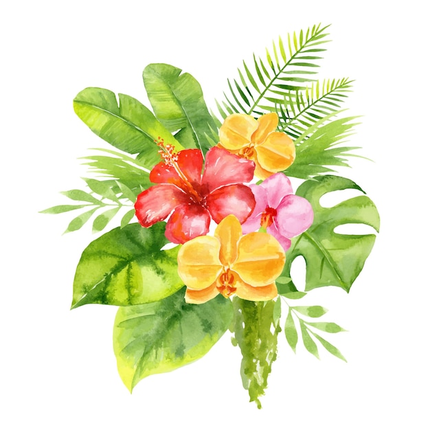 Vector tropical bouquet vibrant watercolor illustration