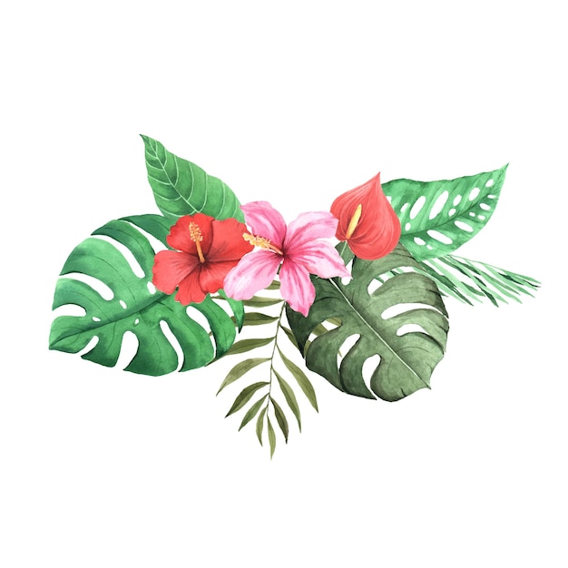 Vector tropical bouquet with watercolor hand painted jungle flowers leaves and plants