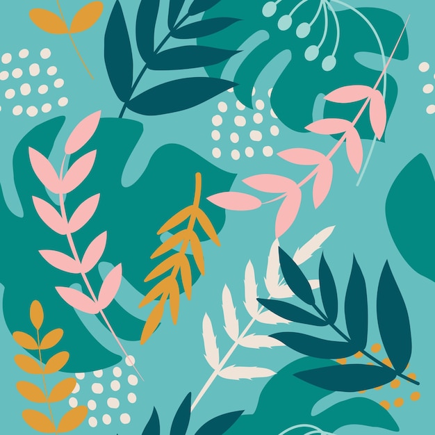 Vector tropical bright plants palm branches monstera leaves vector seamless pattern in flat style