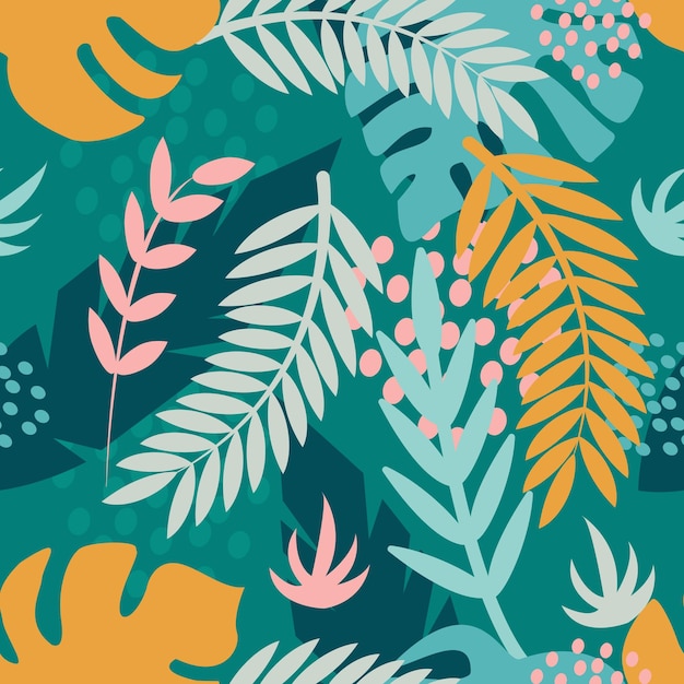 Tropical bright plants Palm branches monstera leaves Vector seamless pattern in flat style