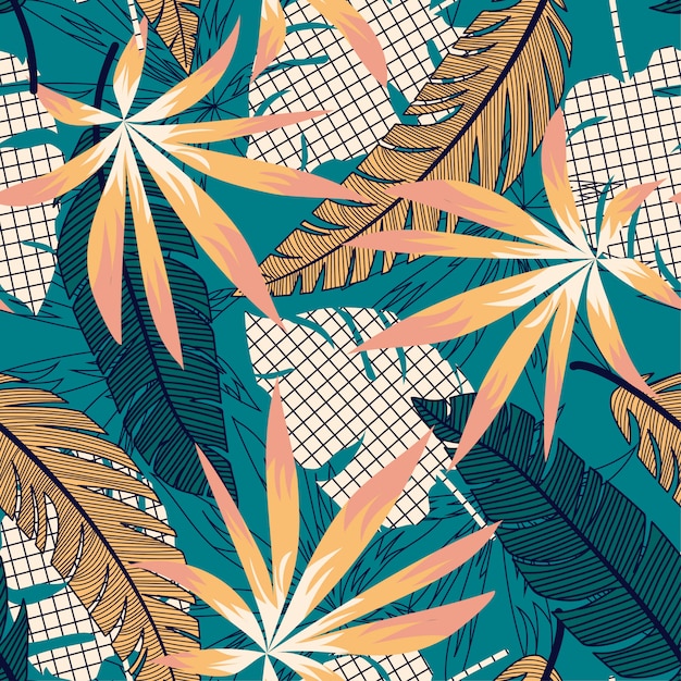 Tropical bright seamless pattern with colorful leaves and plants