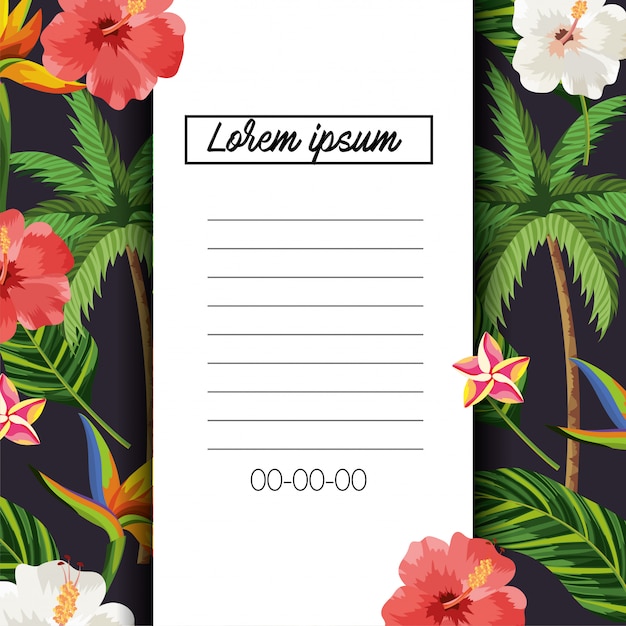 Tropical card with flowers and exotic leaves