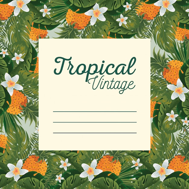 Tropical card with flowers plants and leaves