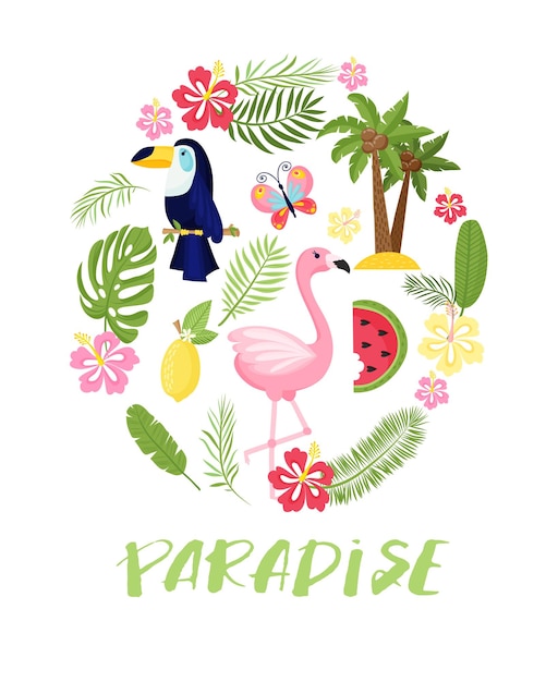 A tropical card with palm leaves and exotic flowers. Summer jungle design is ideal for flyers, postcards, labels and unique designs. Vector