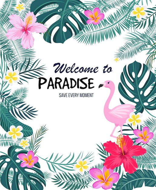 Una carta tropicale con foglie di palma e fiori esotici il design della giungla estiva è l'ideale per i volantini