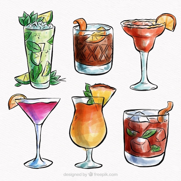 Vettore collezione cocktail tropicale con stile acquerello