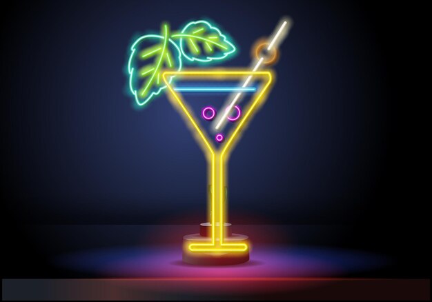 Vettore insegna al neon tropicale cocktail estate e vacanza design notte luminosa insegna al neon colorata tabellone per le affis...