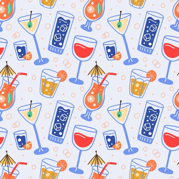 Vettore motivo senza cuciture per cocktail tropicali bevande alcoliche fredde esotiche disegnate a mano in stile minimale bevande bar decorazione doodle arredamento vettoriale alla moda carta da imballaggio tessile carta da parati stampa o tessuto