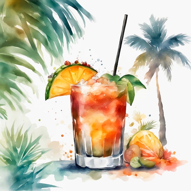 Vector tropical cocktail watercolor illustration