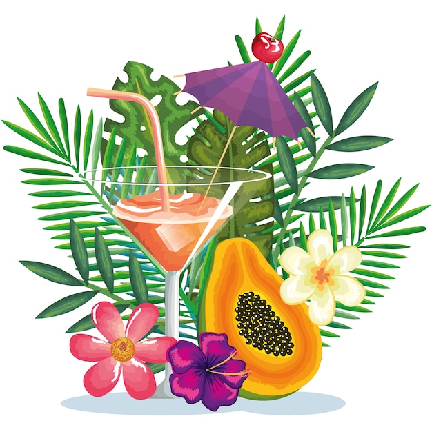 Tropical cocktail with papaya fruit and decoration floral vector illustration design