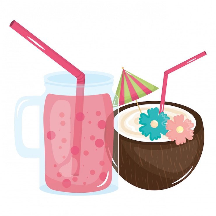 Vector tropical coconut cocktail and juice jar