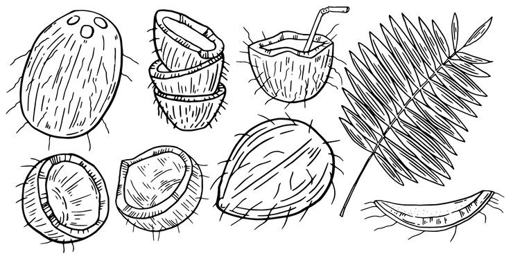 Vector tropical coconut cocktail set hand drawn exotic fruit summer collection