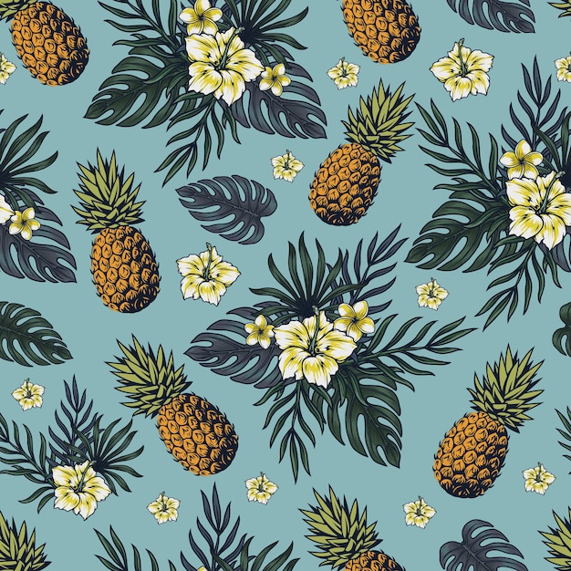 Tropical colorful vintage seamless pattern with pineapples, frangipani, hibiscus and exotic leaves