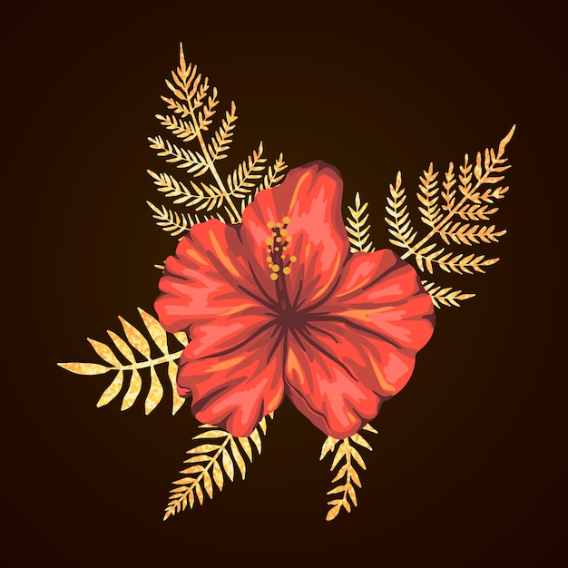 Вектор Тропическая композиция из цветов гибискуса с золотистыми текстурированными листьями. яркие реалистичные акварель стиль экзотические элементы дизайна.