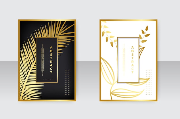 Vector tropical cover design set with golden leaf print on white and black background