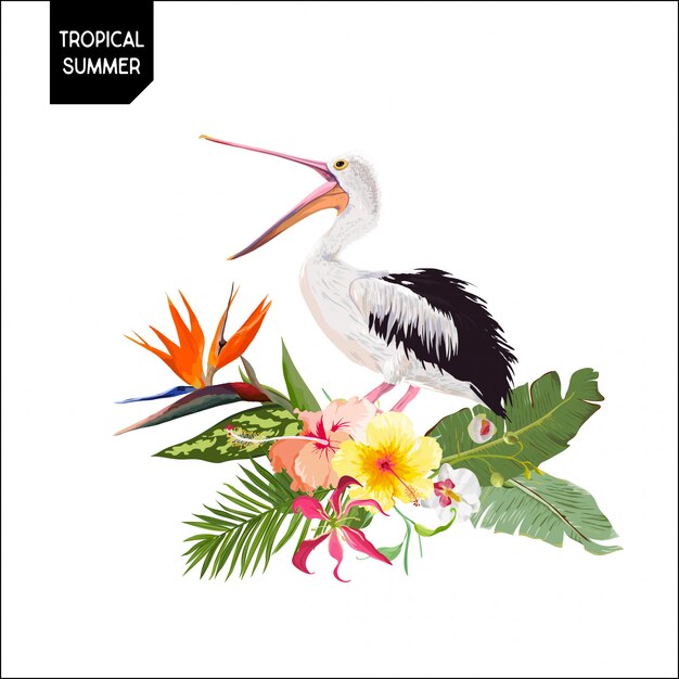 Tropical design with pelican bird and flowers