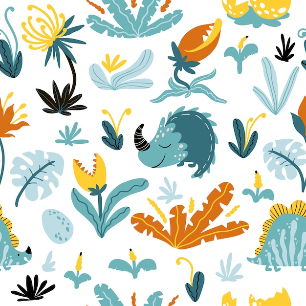 Tropical dinosaur seamless pattern.