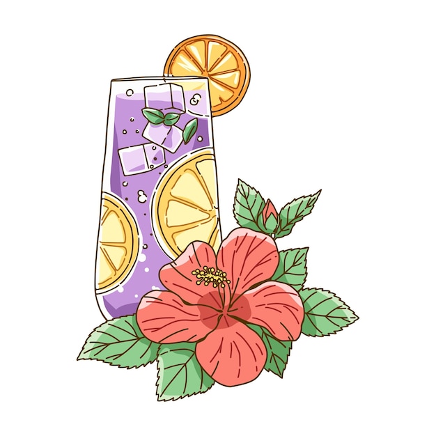 Vector tropical drink and hibiscus flower illustration