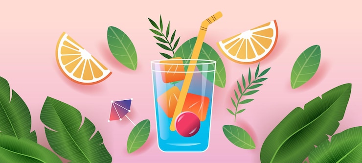 Vector tropical drink with ice cubes and straw surrounded by orange slices and green leaves on pink background summer refreshment concept