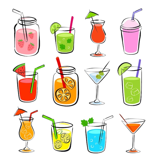 Tropical drinks summer set menu Cold drinks with hand drawn illustration Fruit smoothie cocktails