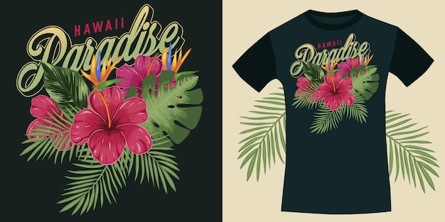 Vector tropical emblem for tshirts with exotic floral