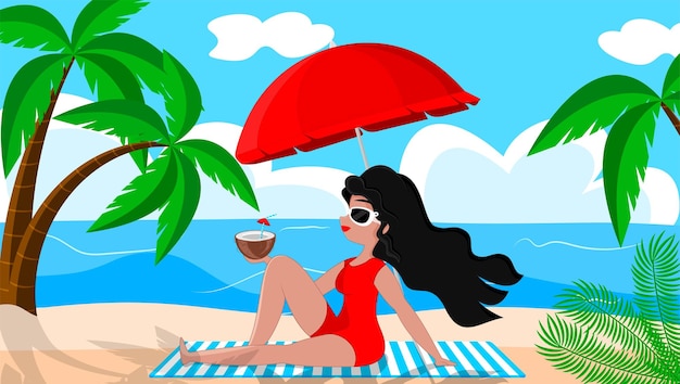 Тропический побег с безмятежной женщиной, наслаждающейся кокосовым коктейлем на живописном пляже