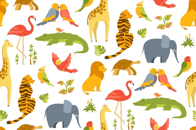 Vector tropical exotic animal cartoon seamless pattern hawaiian african safari endless repeat wallpaper