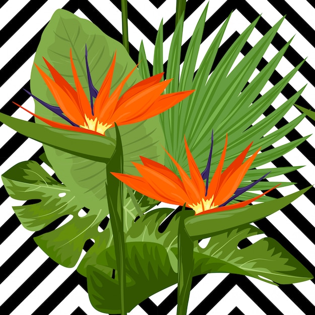 Tropical exotic flowers and leaves pattern with chevron background