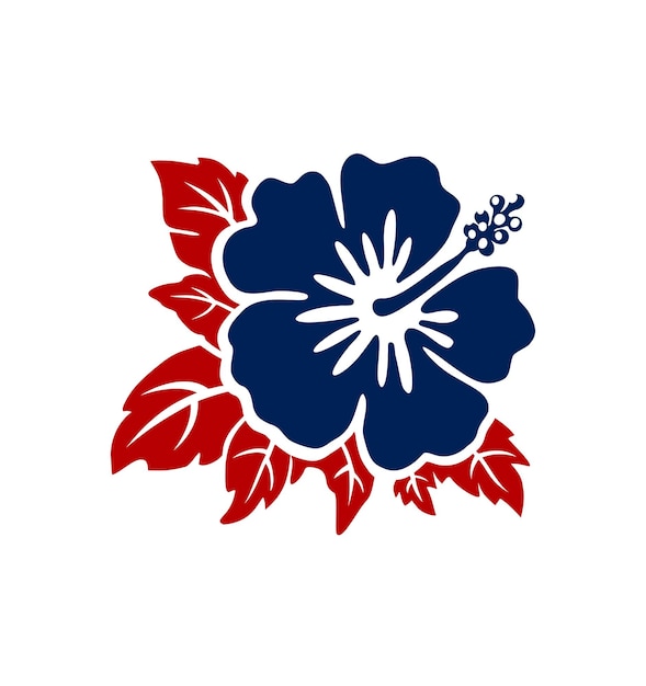 Tropical exotic hibiscus blue red flower tattoo silhouette drawing.Hawaiian floral stencil design