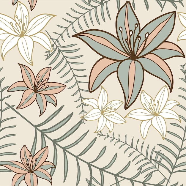 Tropical exotic palm leaves seamless pattern Hand drawn palm leaves with contour