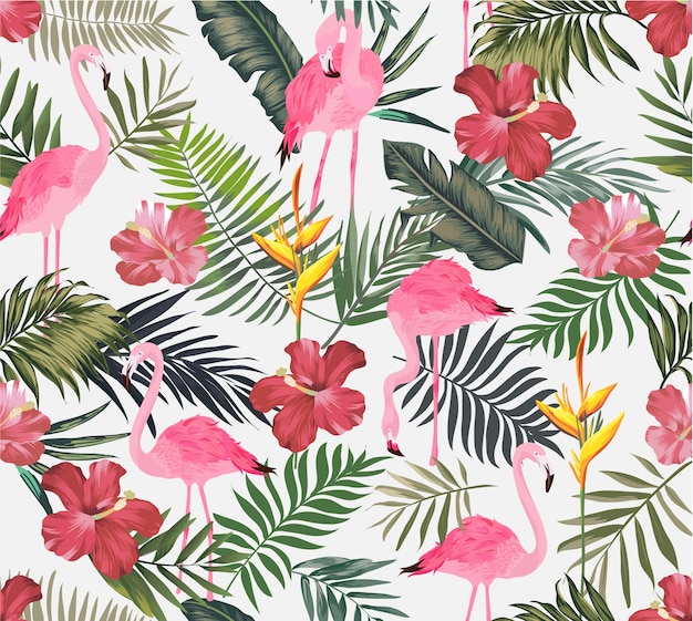 Vector tropical exotic with flamingo seamless pattern
