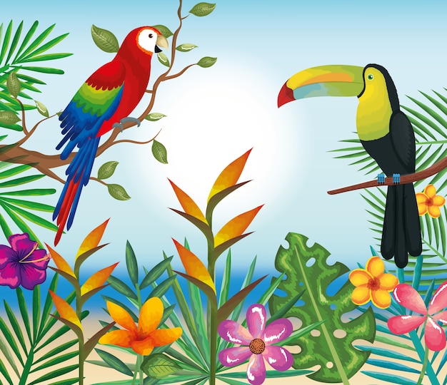 Tropical and exotics flowers with toucan and parrot