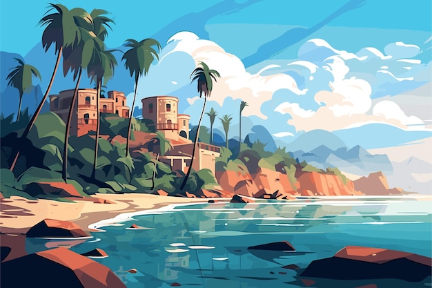 Тропический фантастический пляж летний фон векторная иллюстрация морской вид плакат
