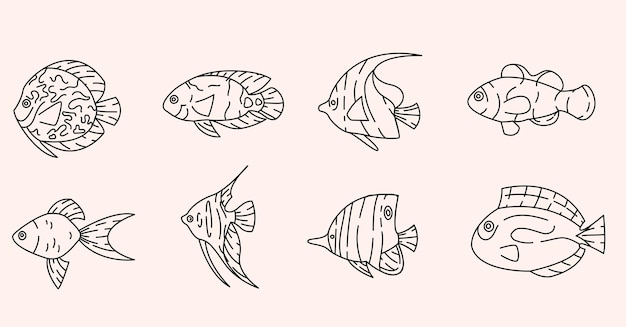 Tropical fishes outline elements collection